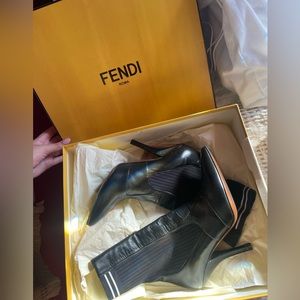Fendi Rockoko Black leather and ribbed stretch-knit sock boots size 40